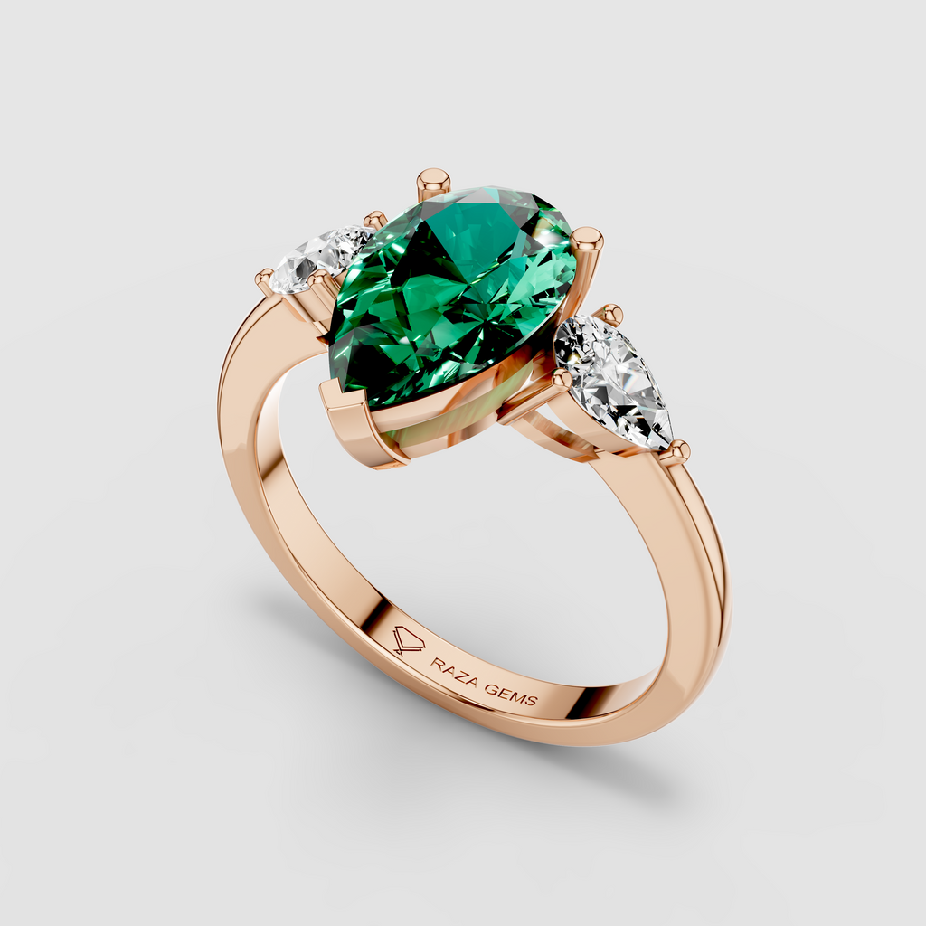 Sophia - Solid 18K Gold Pear Emerald with Pear Moissanite Side Stones