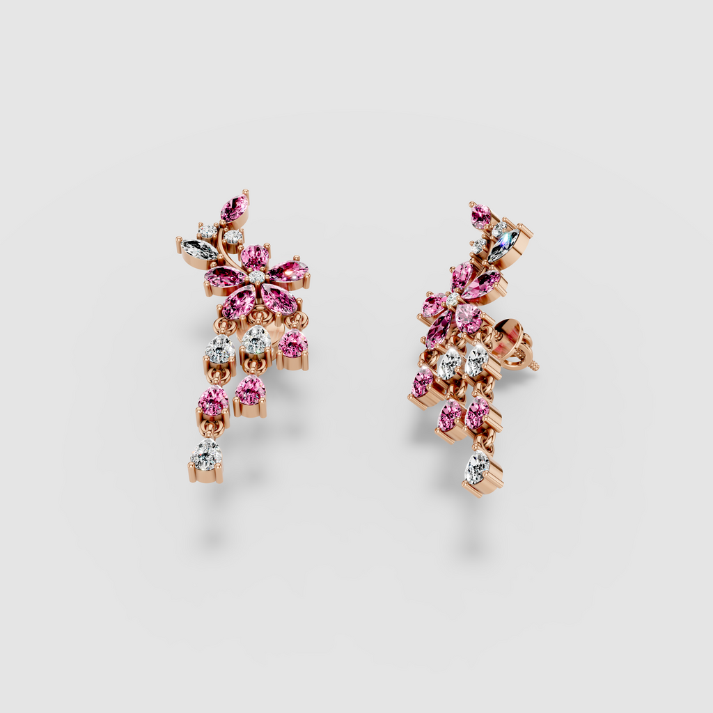 Kathleen - 18K Gold Pink Sapphire & Moissanite Statement Earrings" (Stylish & Direct)