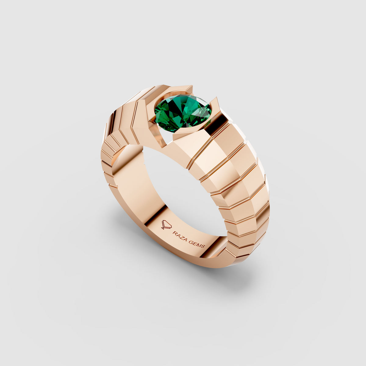 Elisa - 18K Gold Round Emerald Tension-Style Signet Ring
