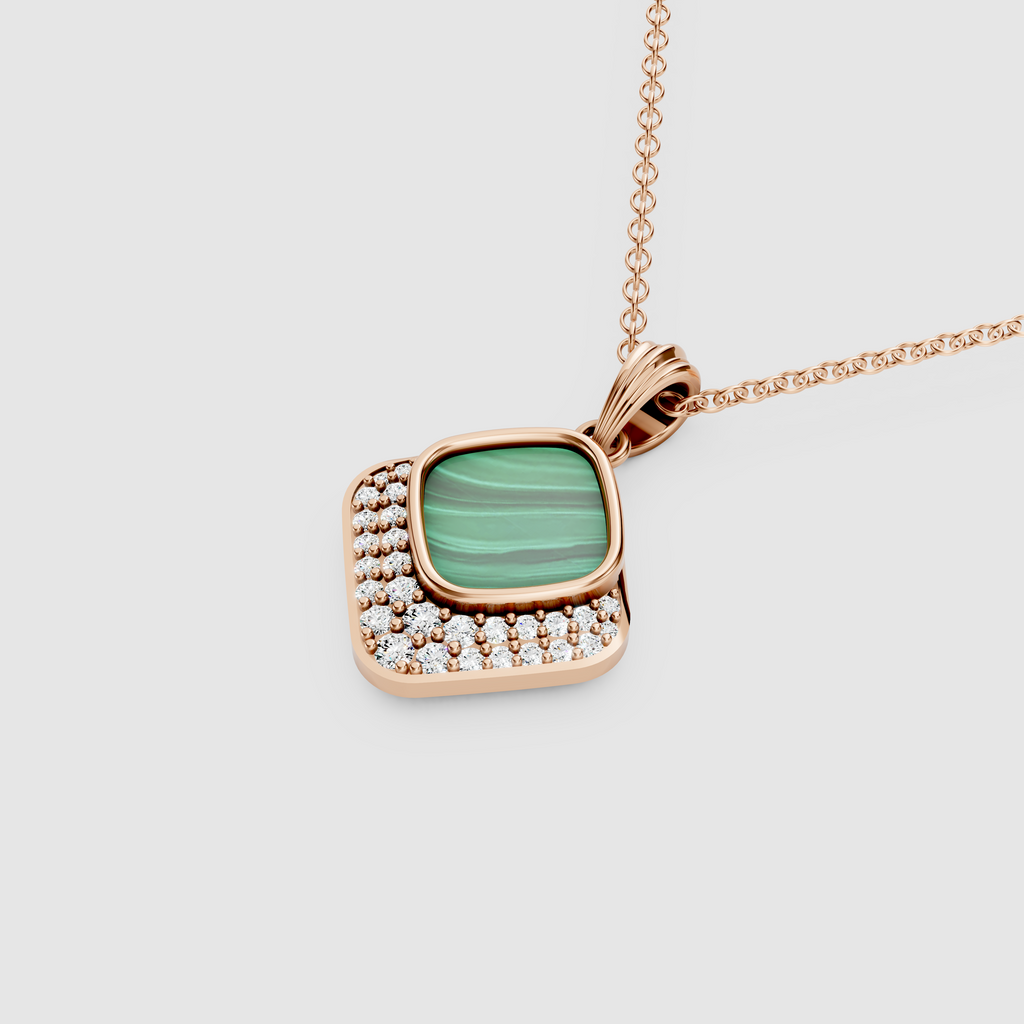 Olivia – 18K Gold Cushion Malachite & Moissanite Diamond-Frame Pendant