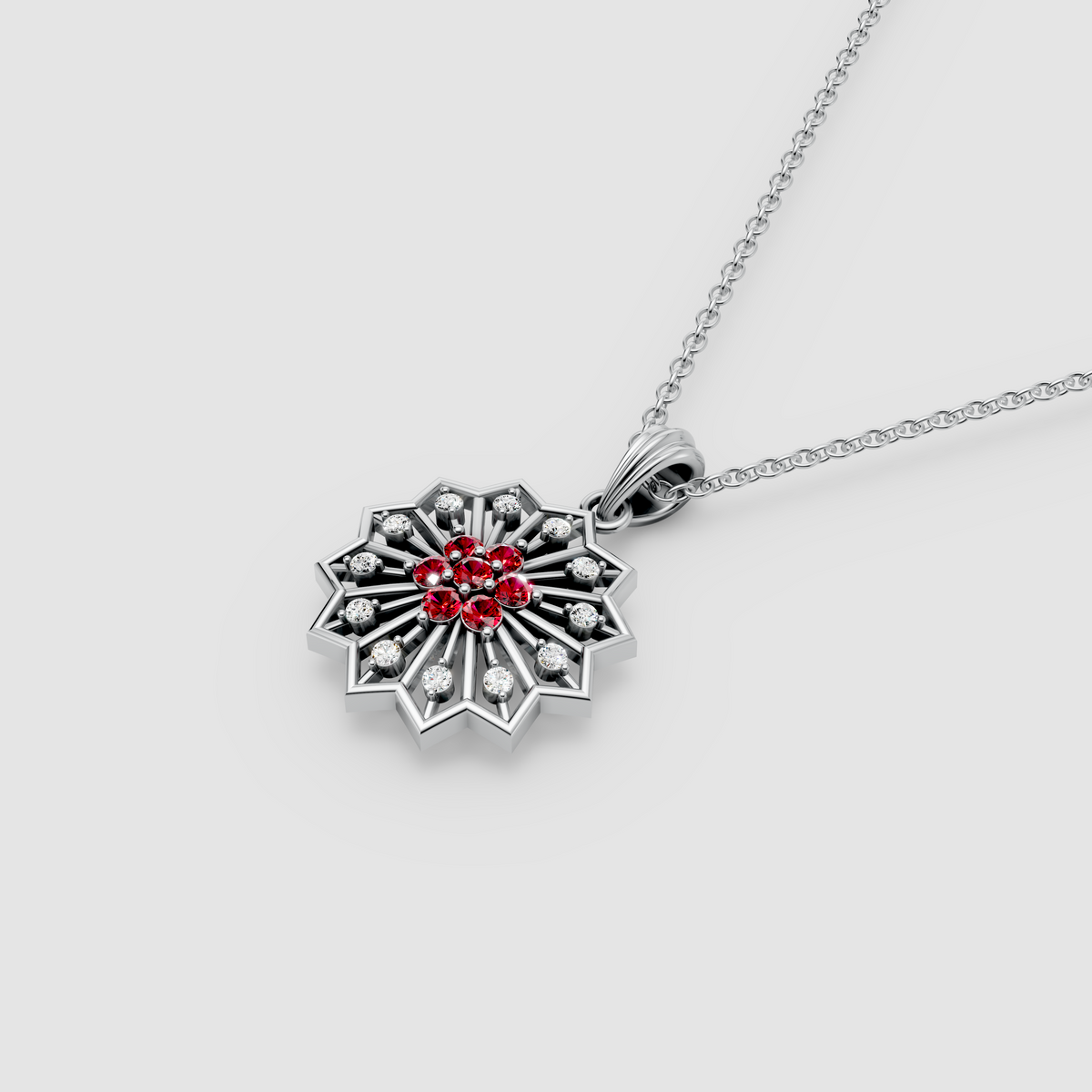 Michelle - Solid 18K Gold Ruby & Moissanite Geometric Starburst Medallion"