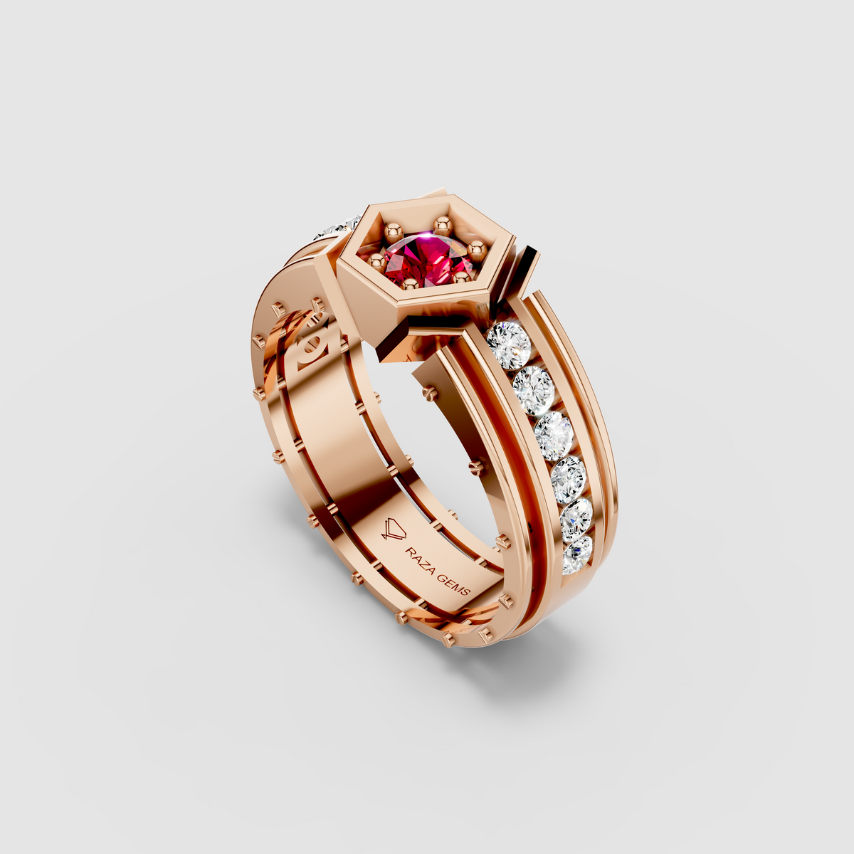Daisy - 18K Gold Bezel Red Garnet & Moissanite Channel Signet Ring