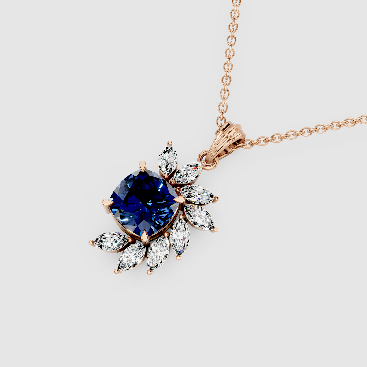 Diana – 18K Gold Cushion Blue Sapphire & Marquise Moissanite Cluster Pendant