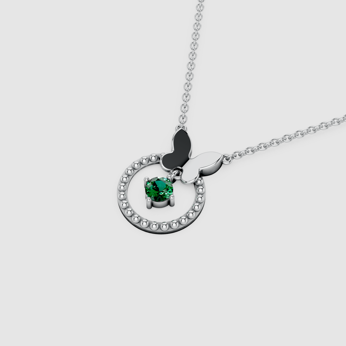 Bella – 18K Gold Butterfly & Beaded Circle Pendant with Hanging Emerald