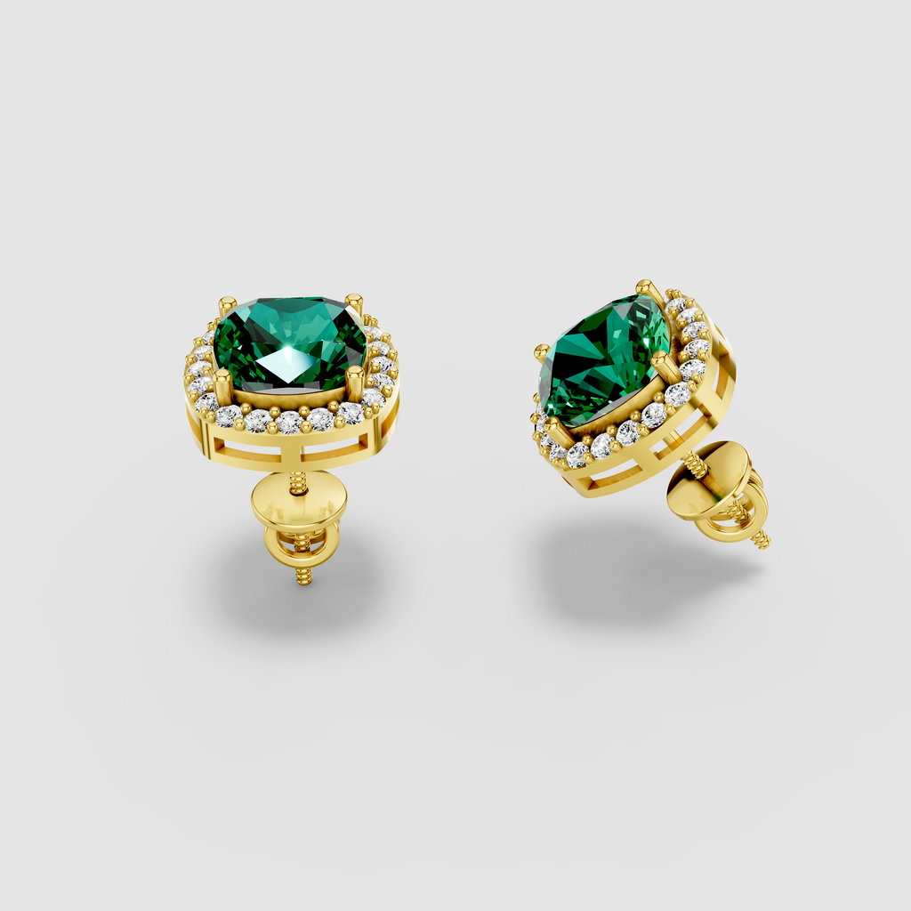 Kimberly - Solid 18K Gold Cushion Emerald with Moissanite Halo Earrings"