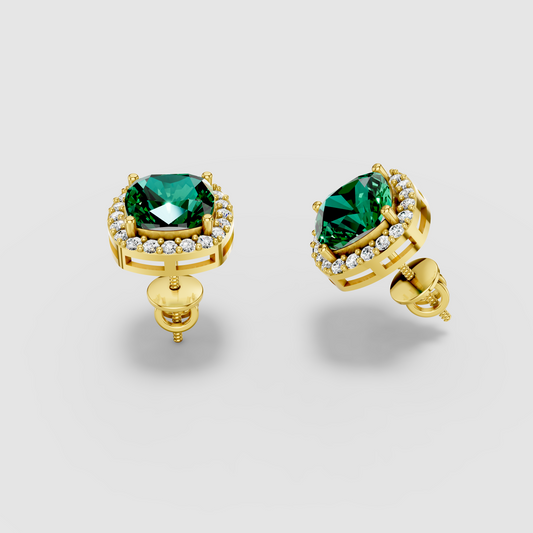 Kimberly - Solid 18K Gold Cushion Emerald with Moissanite Halo Earrings"