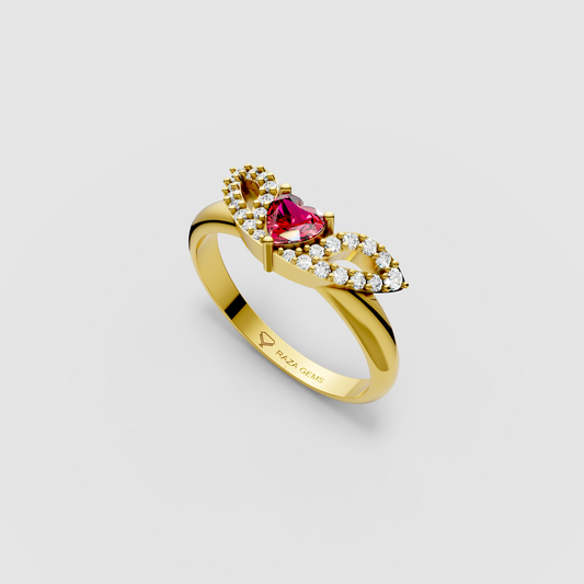 Eden – 18K Gold Heart-Cut Ruby & Moissanite Angel Wing Ring
