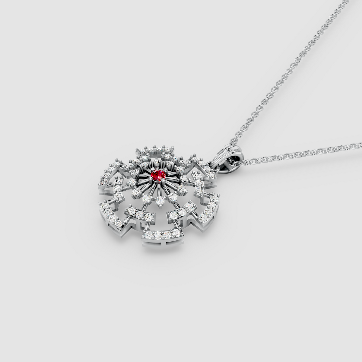 Arabella – Center Ruby Sunburst Wheel Pendant with Moissanite in 18KT Gold