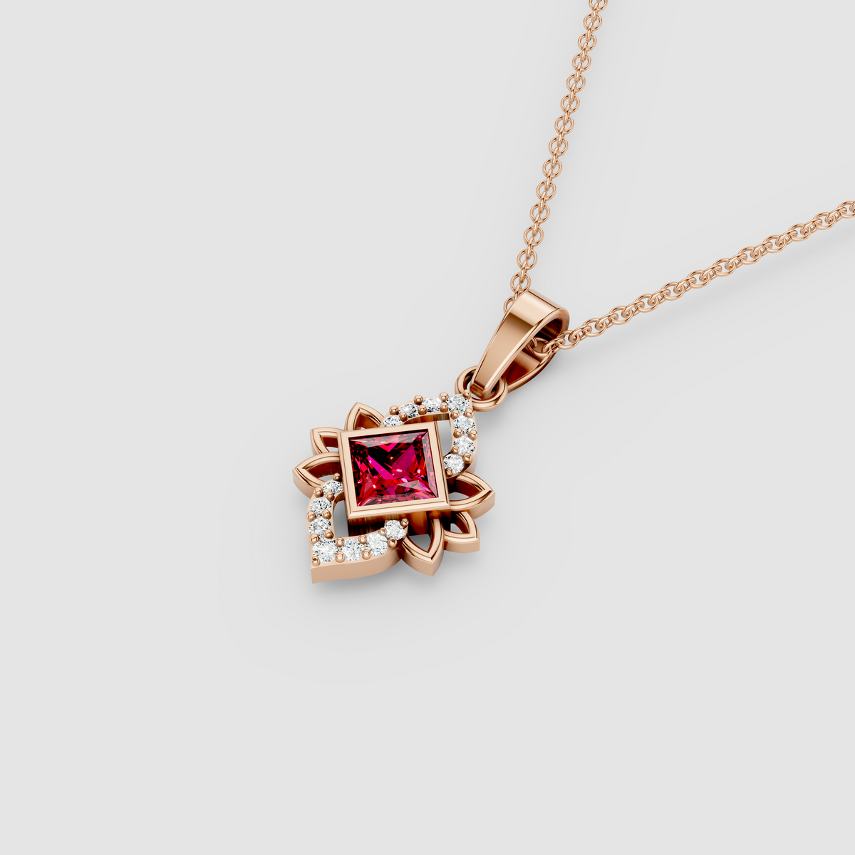 Nicole - Solid 18K Gold Princess-Cut Red Garnet & Moissanite Starburst Pendant"