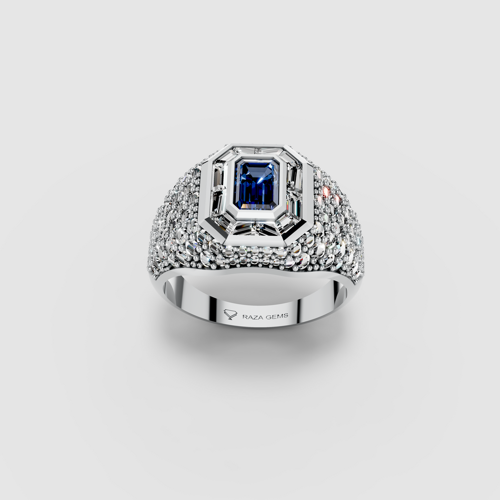 Adeline - Solid 18K Gold Emerald-Cut Sapphire with Baguette & Pavé Moissanite Halo Ring