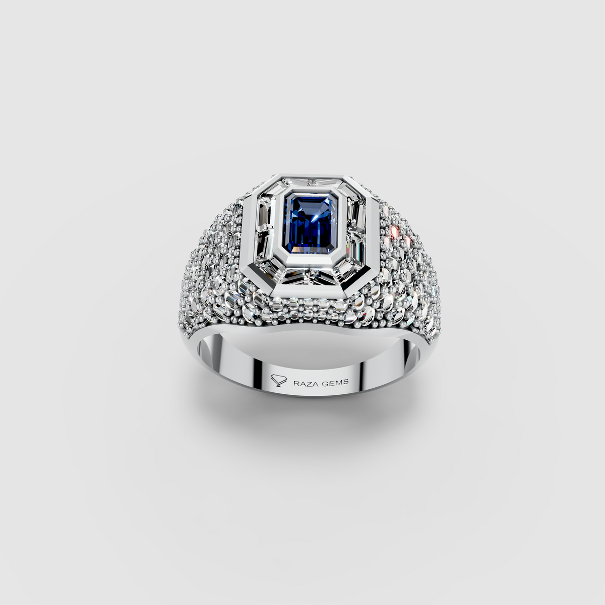 Adeline - Solid 18K Gold Emerald-Cut Sapphire with Baguette & Pavé Moissanite Halo Ring