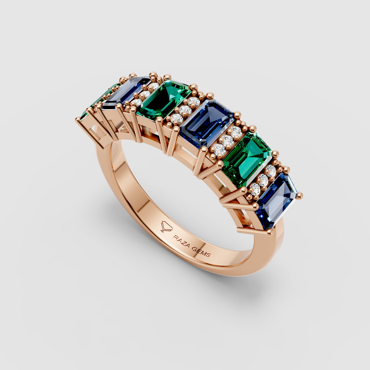 Evelyn - 18K Gold Emerald-Cut Emerald & Blue Sapphire Moissanite Band