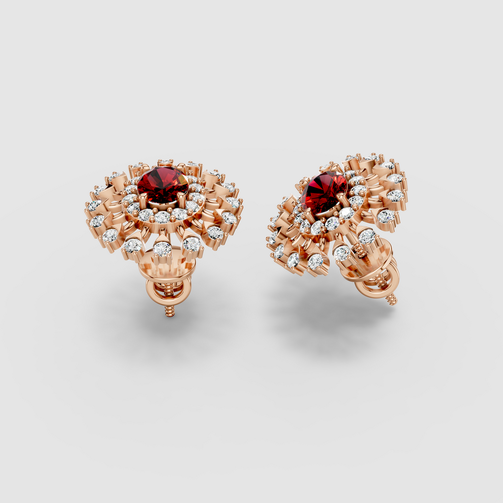 Stephanie - 18K Gold Oval Ruby & Double Moissanite Halo Stud Earrings" (Descriptive & Elegant)