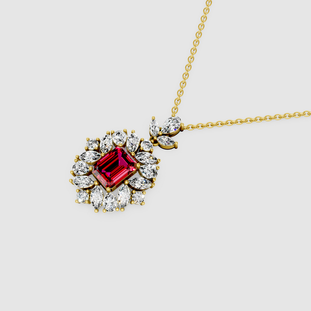 Vintage Charlotte – Emerald Cut Ruby Statement Pendant with Moissanite Sunburst Halo in 18KT Gold