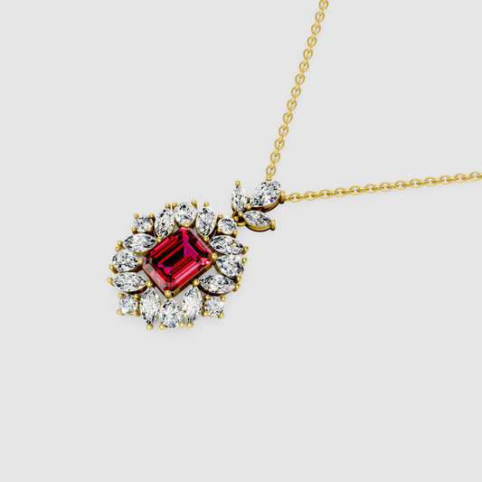 Vintage Charlotte – Emerald Cut Ruby Statement Pendant with Moissanite Sunburst Halo in 18KT Gold