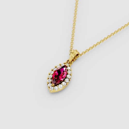Sandra - Solid 18K Gold Ruby Solitaire Pendant with Sparkling Moissanite Halo"