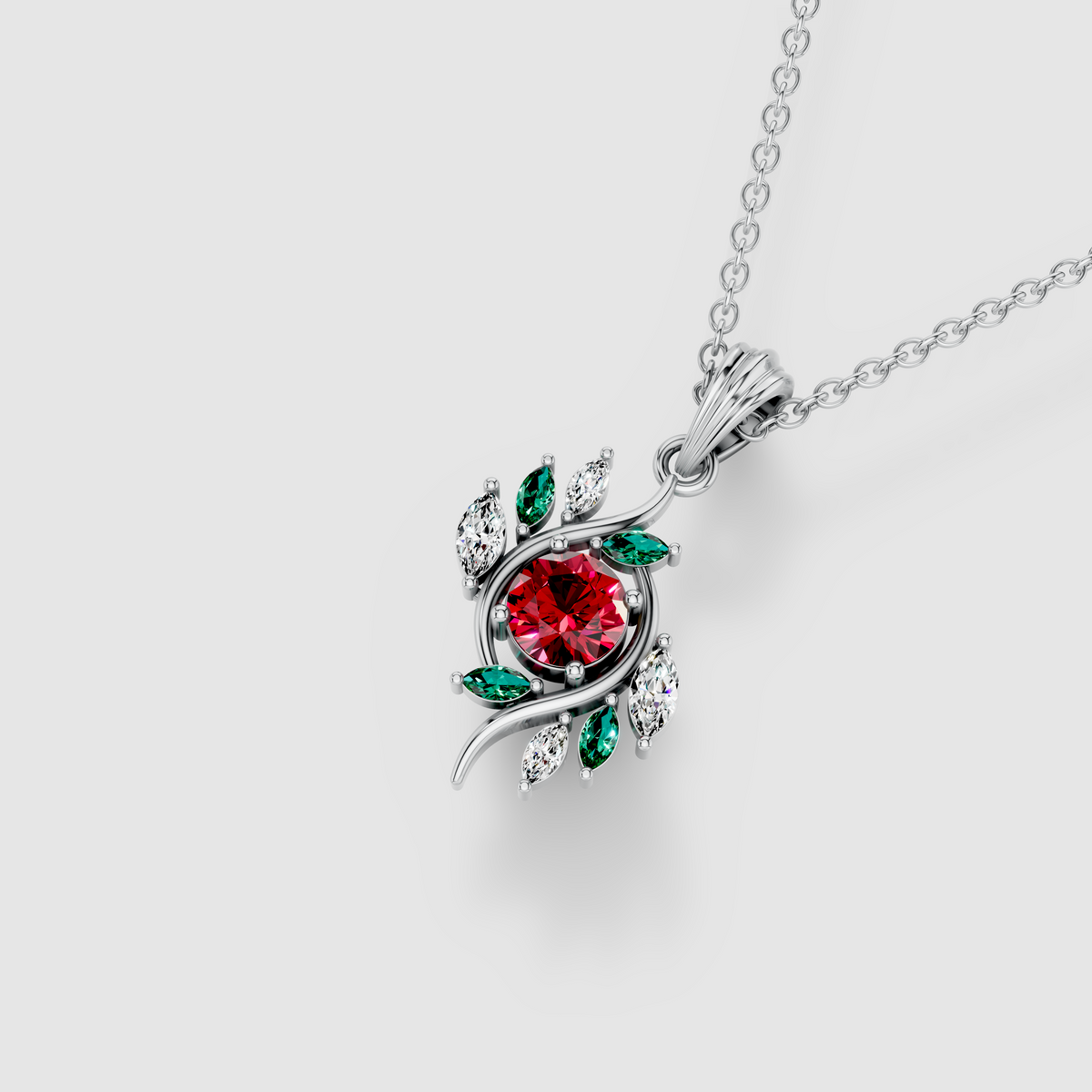 Kathleen - Solid 18K Gold Round Ruby, Emerald & Moissanite Swirl Pendant"