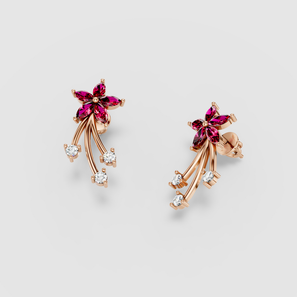 Sandra - 18K Gold Ruby Flower & Cascading Moissanite Drop Earrings"