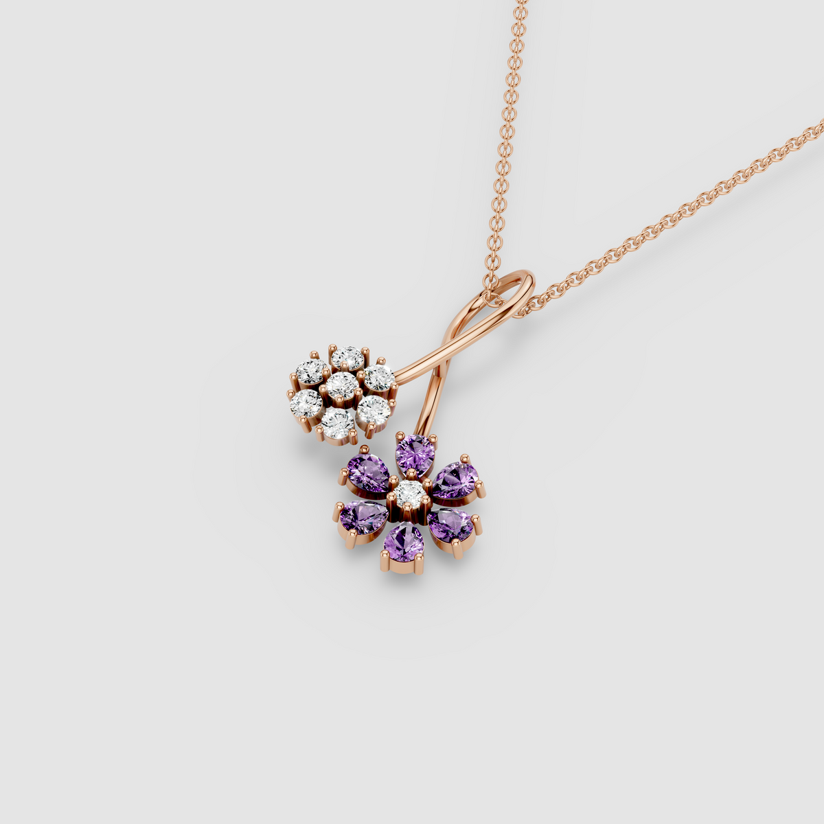 Melissa - Solid 18K Gold Amethyst & Moissanite Twin Floral Twist Pendant"