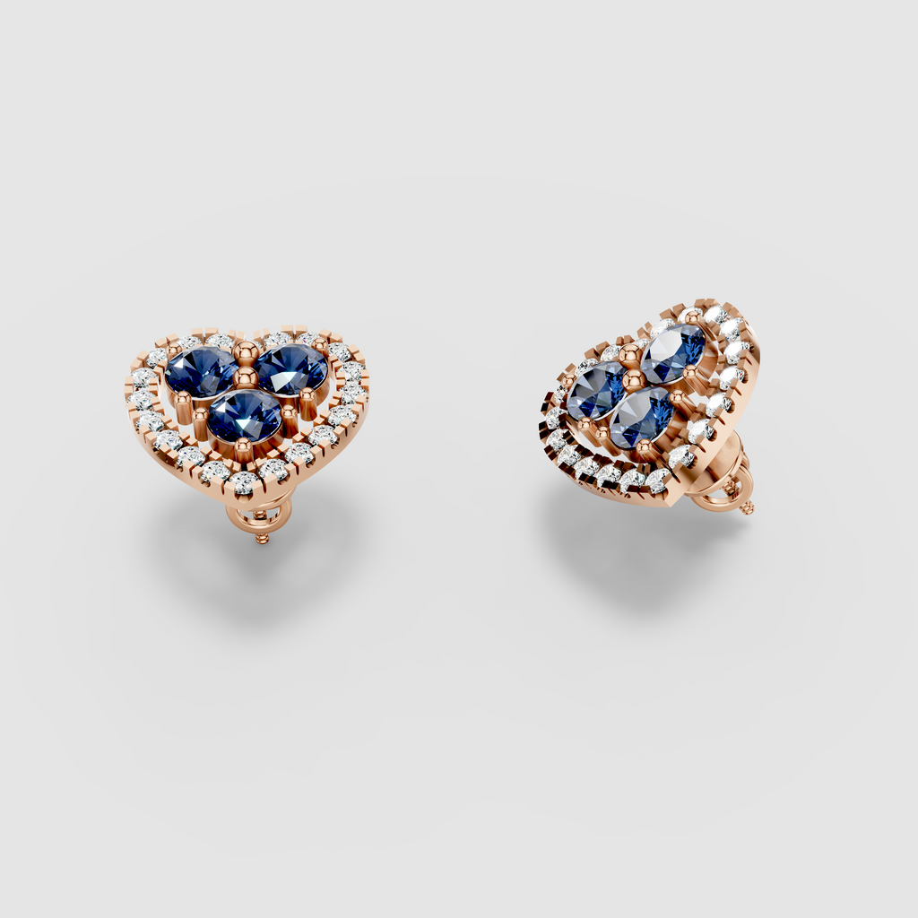 Samantha - Solid 18K Gold Blue Sapphire Trio Heart Stud Earrings