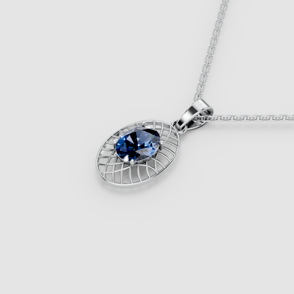 Celestia – Oval-Cut Blue Sapphire Solitaire Openwork Pendant in 18KT Gold