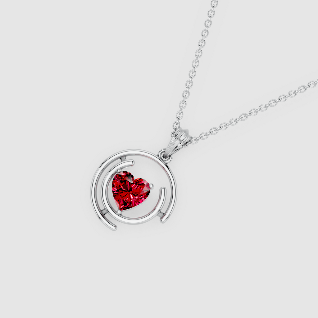 Rosalind – Heart Ruby Solitaire Concentric Halo Pendant in 18KT Gold