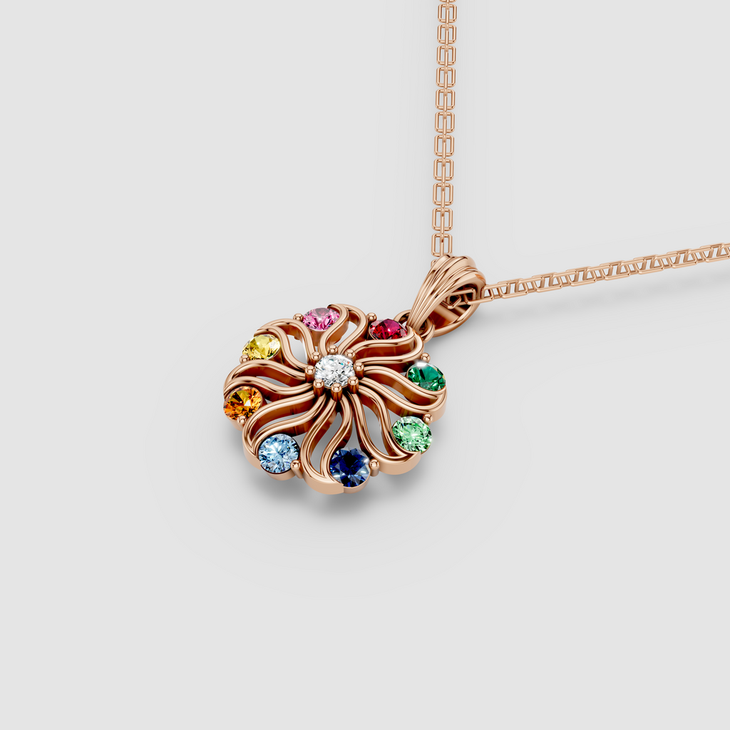 Rainbow Swirl – Natural Multi-Gemstone Pinwheel Floral Pendant in 18KT Gold