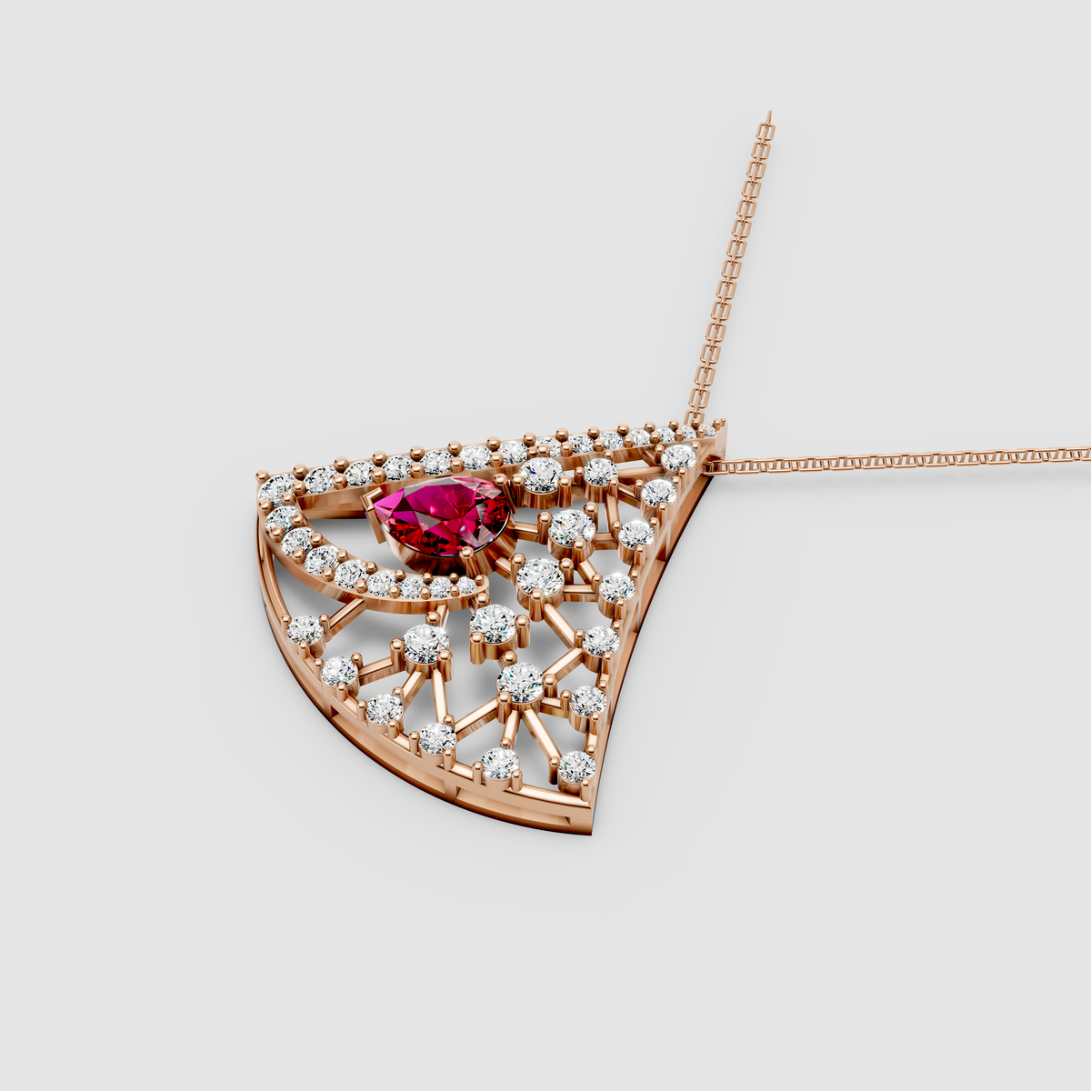 Aurora – Pear Ruby Solitaire Fan-Shaped Pendant with Moissanite in 18KT Gold