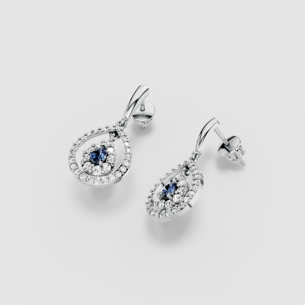 Linda - 18K Gold Pear Blue Sapphire & Double Moissanite Halo Teardrop Drop Earrings"