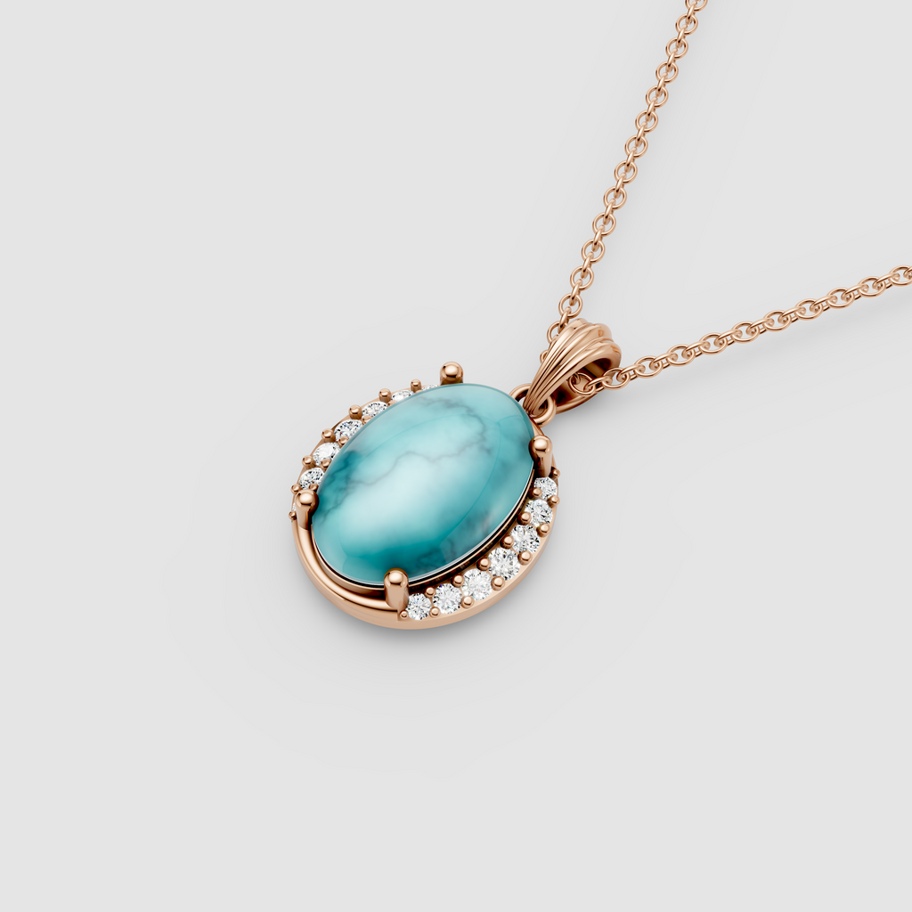 Mary - 18K Gold Oval Turquoise (Firoza) Pendant with Moissanite Accents"