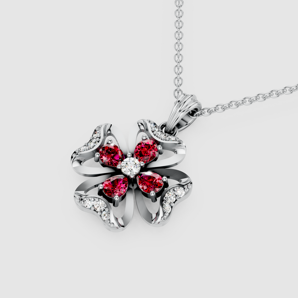 Hannah – 18K Gold Four-Leaf Clover Ruby & Moissanite Pendant