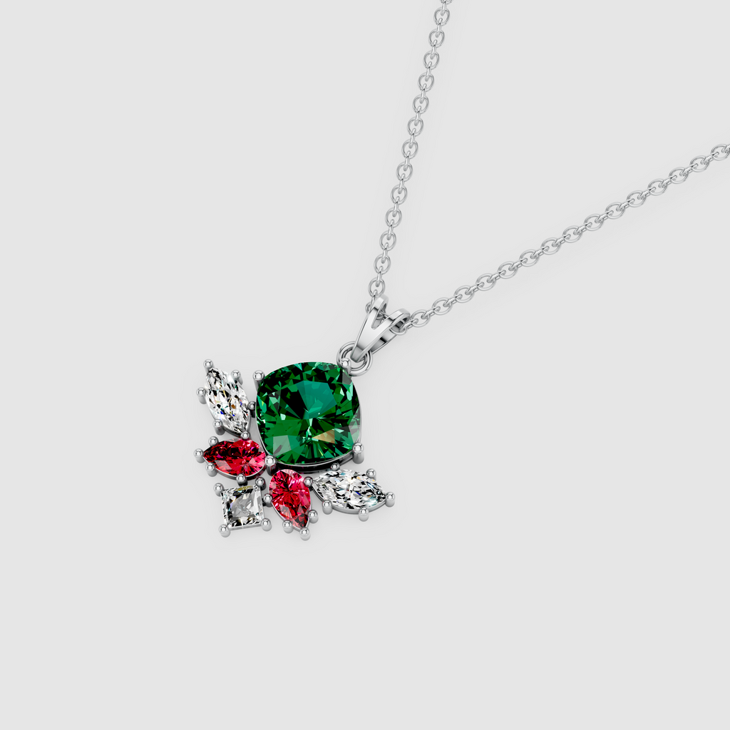 Amelia – 18K Gold Cushion Emerald Cluster Pendant with Ruby & Marquise Moissanite