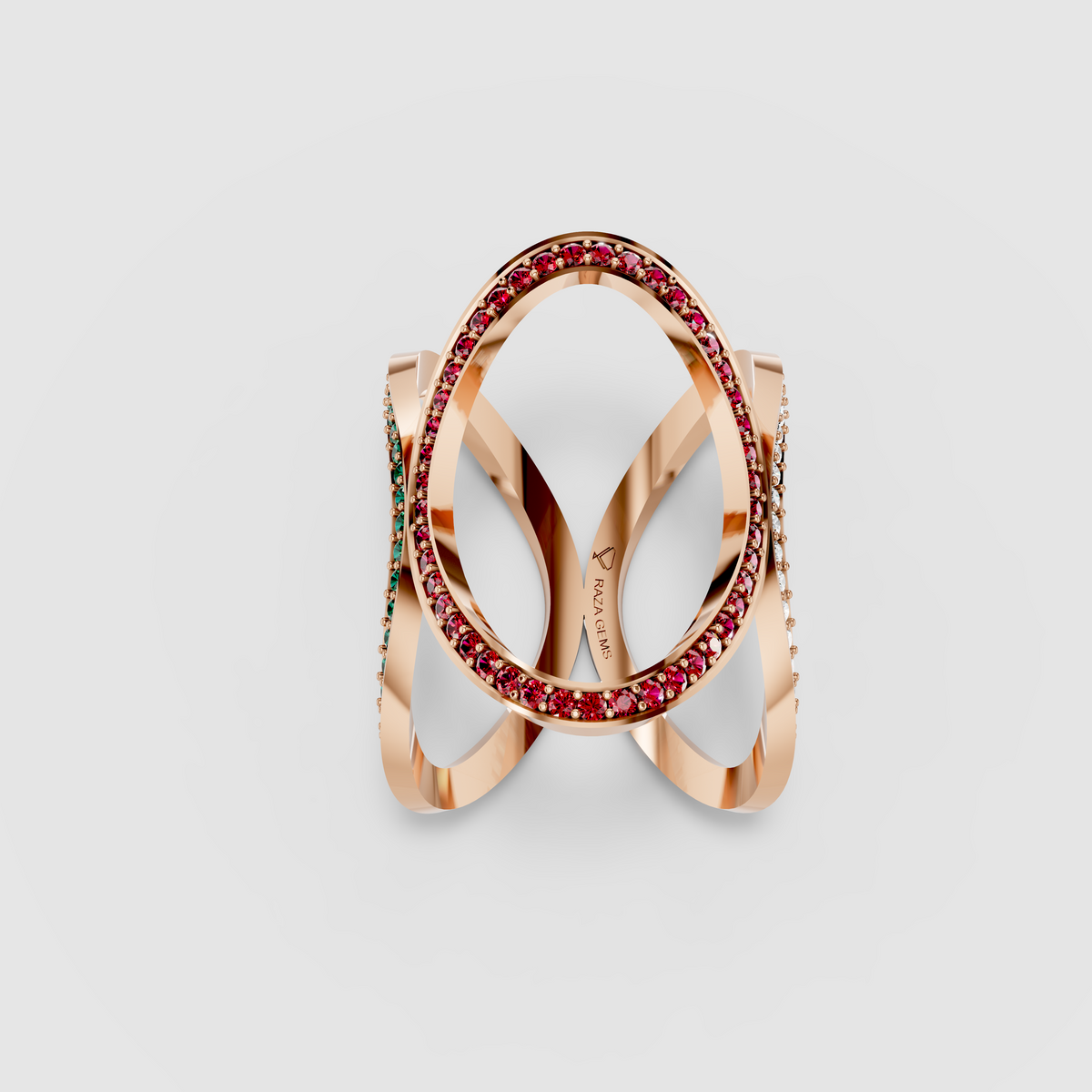 Sophia - 18K Gold Pavé Emerald, Ruby & Moissanite Cage Ring