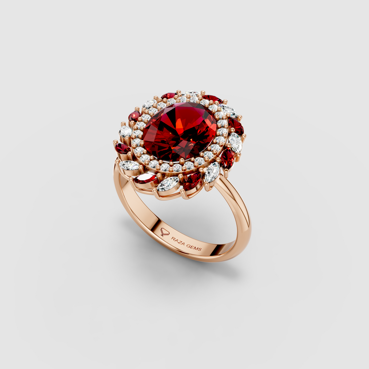 Olivia - Solid 18K Gold Oval Ruby & Marquise Moissanite Cluster Ring