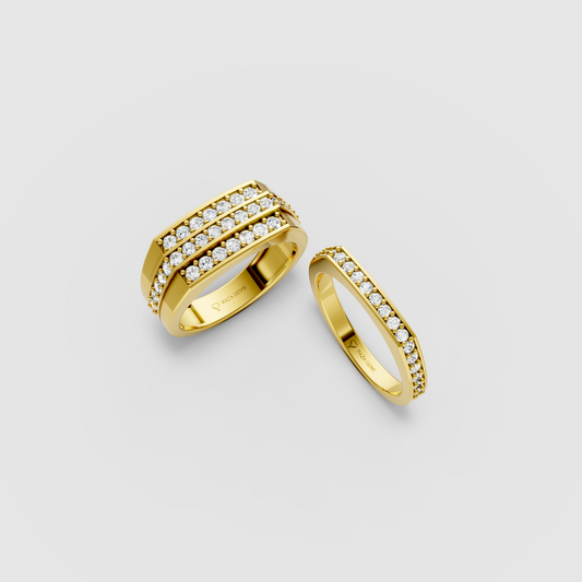 Mila – 18K Solid Gold Moissanite Triple & Single Row Channel Couple Bands
