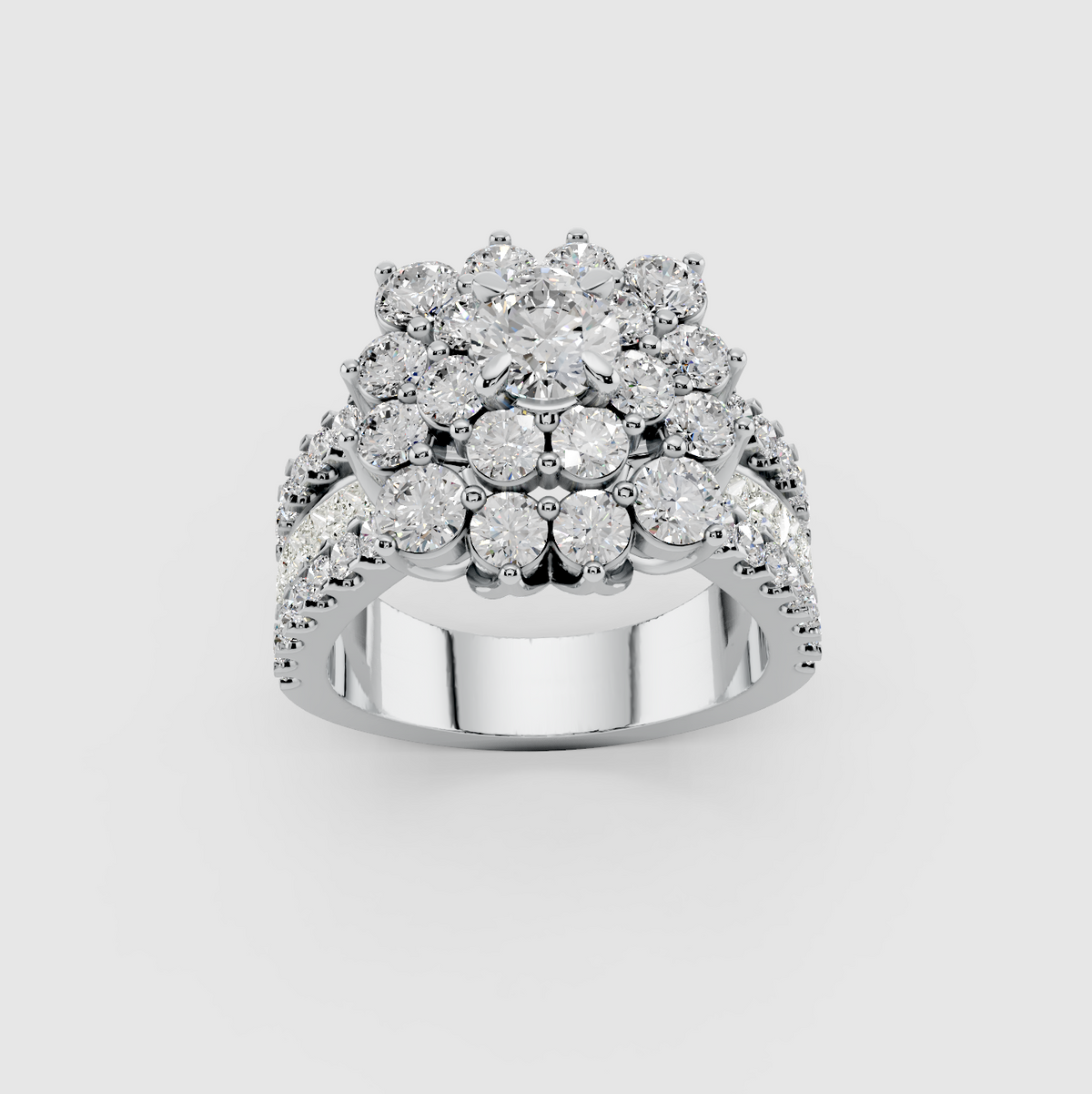 Elsie - 18K Solid Gold Flower Cluster Moissanite Statement Ring with Triple-Row Band