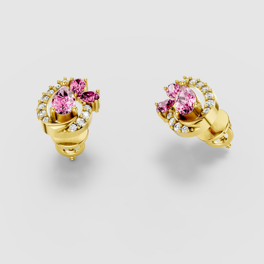 Shirley - Solid 18K Gold Pink Sapphire Cluster & Moissanite Swirl Earrings"