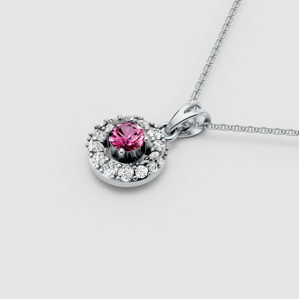 Daisy – Round Pink Sapphire Solitaire Halo Pendant with Moissanite in 18KT Gold