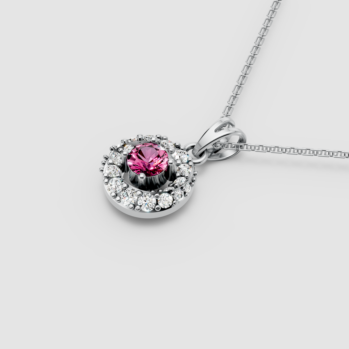 Daisy – Round Pink Sapphire Solitaire Halo Pendant with Moissanite in 18KT Gold