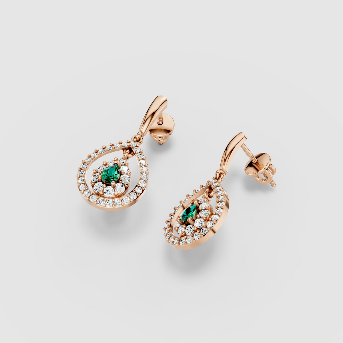 Patricia - 18K Gold Pear Emerald & Double Moissanite Halo Teardrop Drop Earrings"