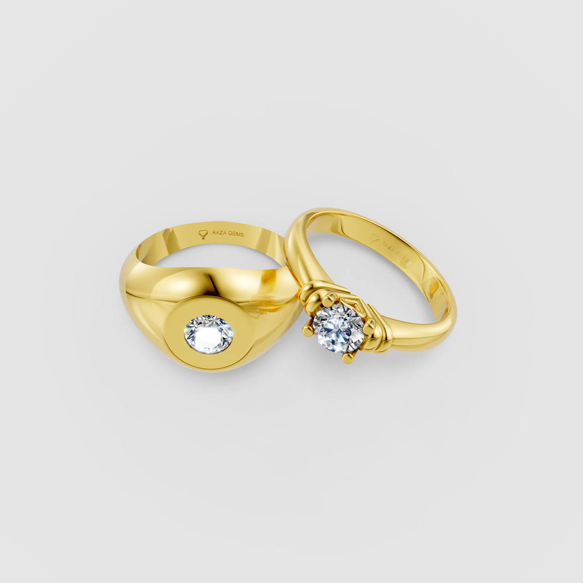 Violet – Modern Moissanite Solitaire & Flush-Set Signet Couple Ring Set in 18KT Gold