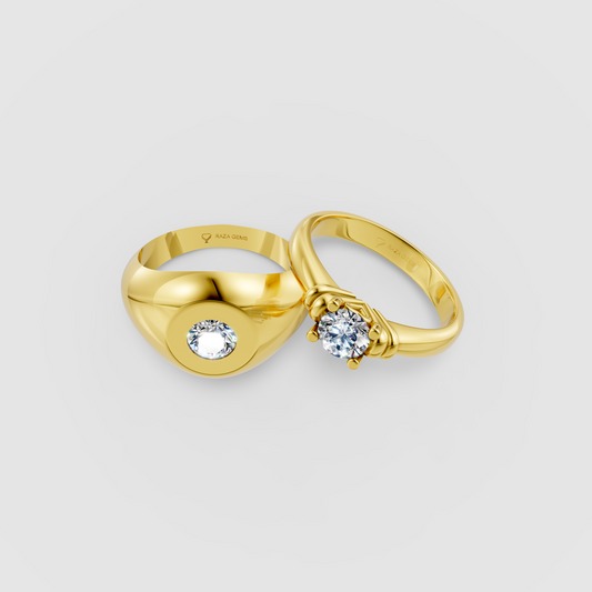 Violet – Modern Moissanite Solitaire & Flush-Set Signet Couple Ring Set in 18KT Gold