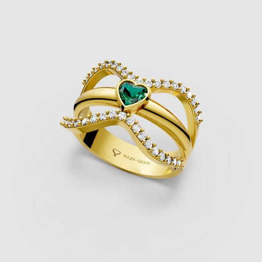 Imogen – 18K Solid Gold Heart Emerald & Moissanite Wide Band Ring