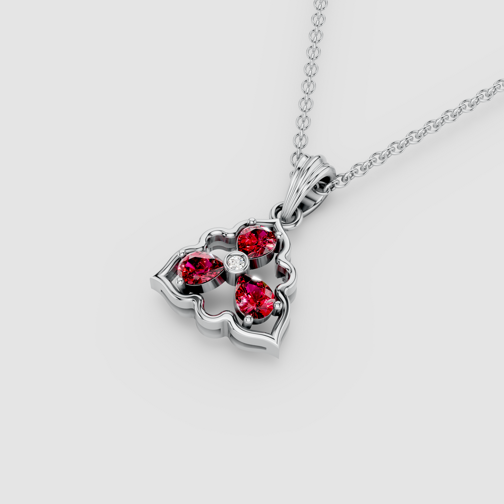 Pamela - Solid 18K Gold Three-Stone Pear Ruby & Moissanite Cluster Pendant"