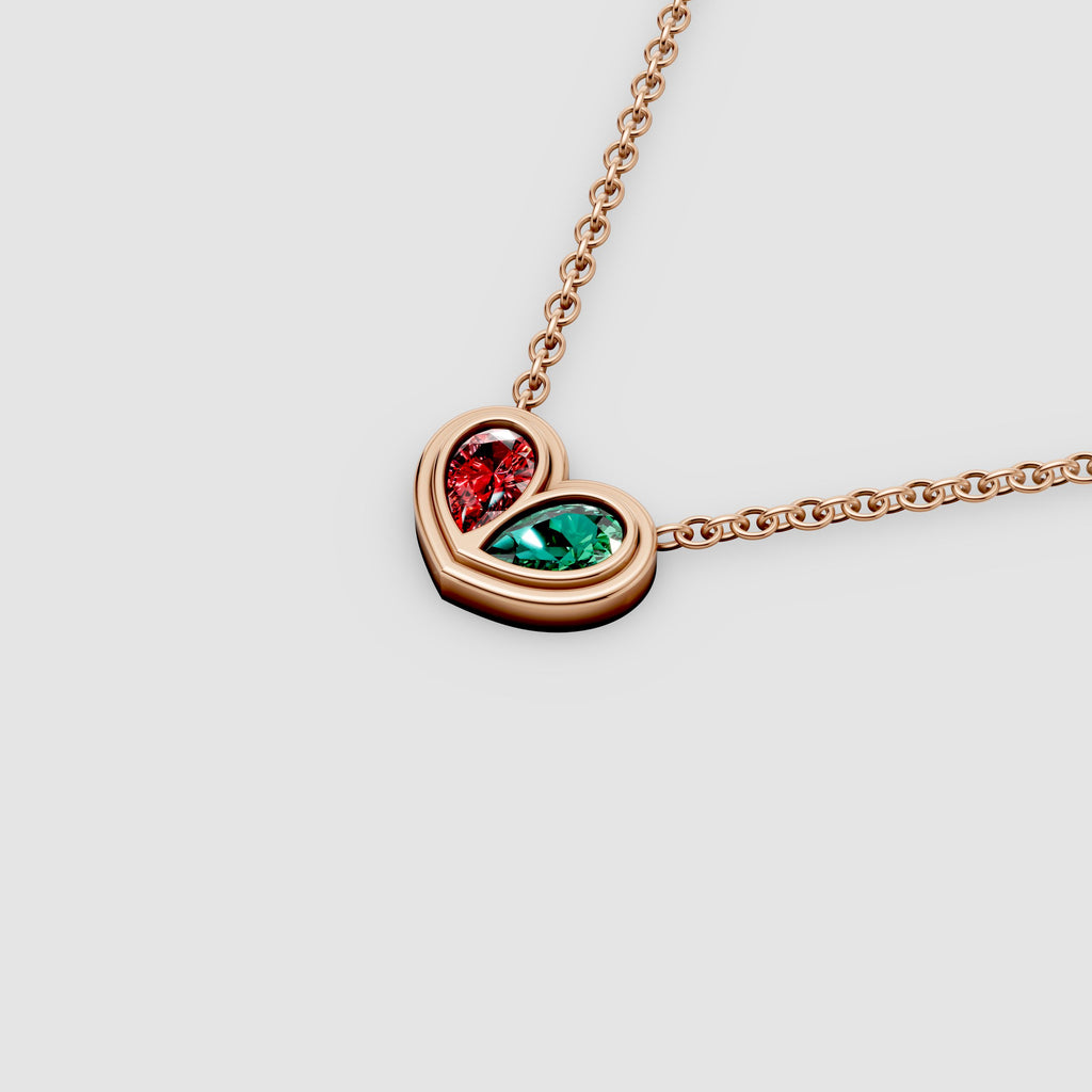Amora – Pear Emerald & Ruby Bezel-Set Heart Pendant in 18KT Gold