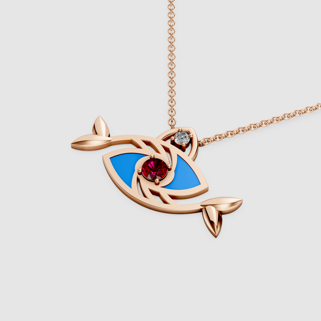 Elena – 18K Gold Evil Eye Fish Enamel Pendant with Ruby & Moissanite