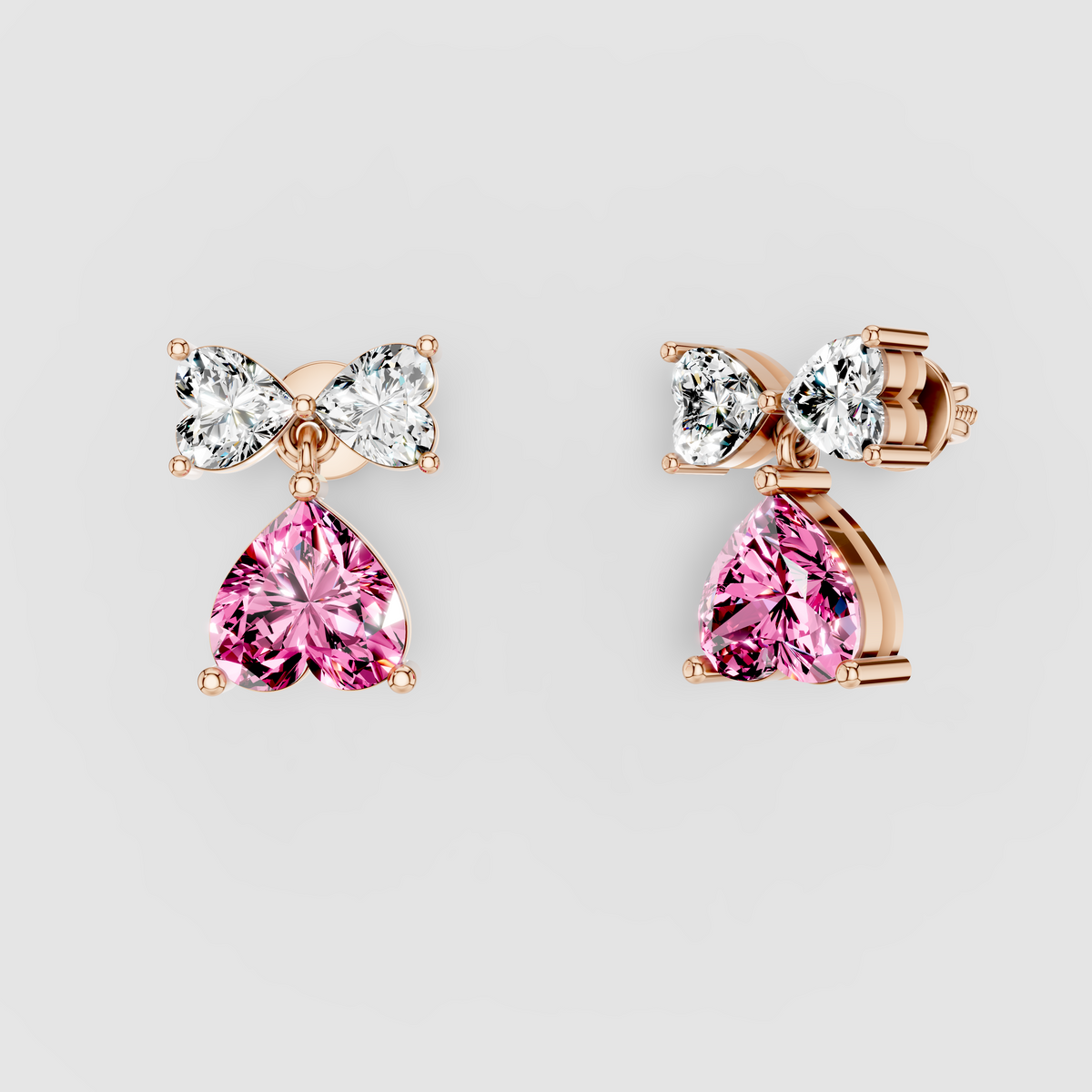 Cynthia - Solid 18K Gold Heart-Cut Pink Sapphire & Moissanite Dangle Earrings"