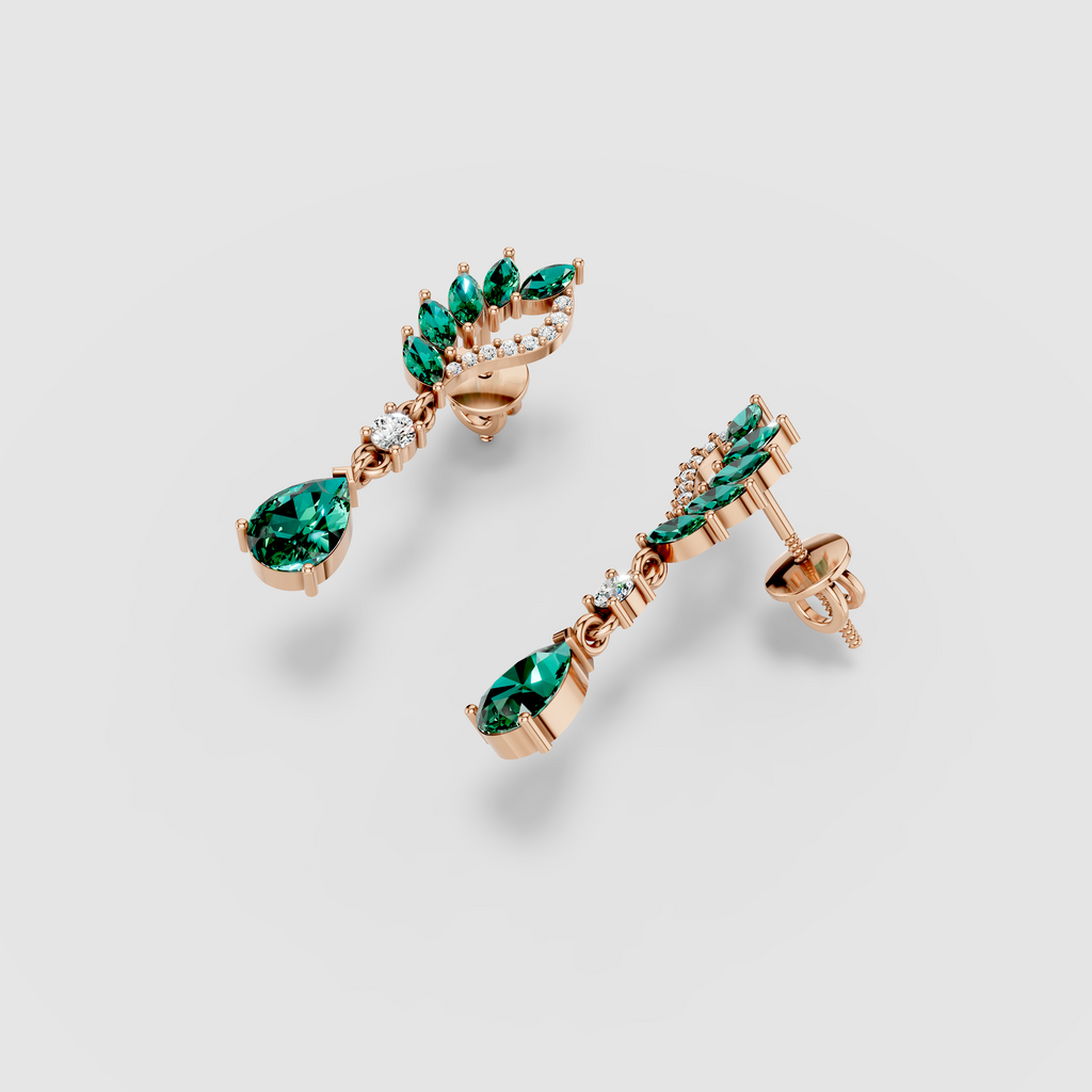 Angela - 18K Gold Marquise & Pear Emerald with Moissanite Earrings