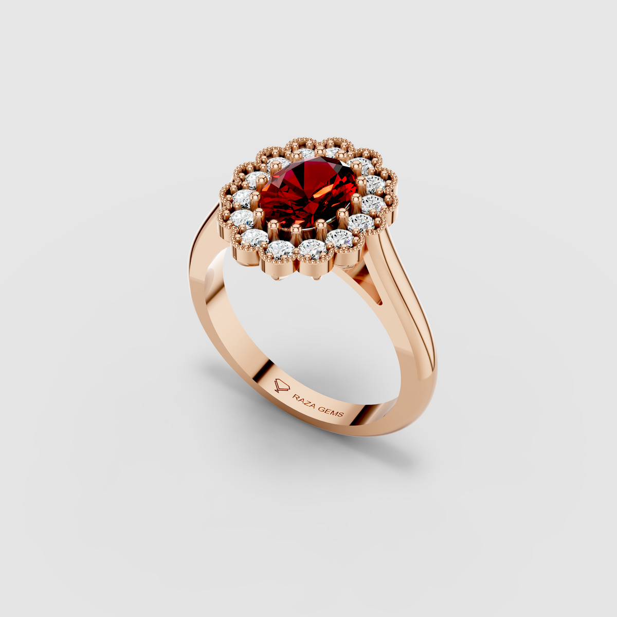Mia - 18K Gold Oval Ruby & Scalloped Moissanite Halo Ring
