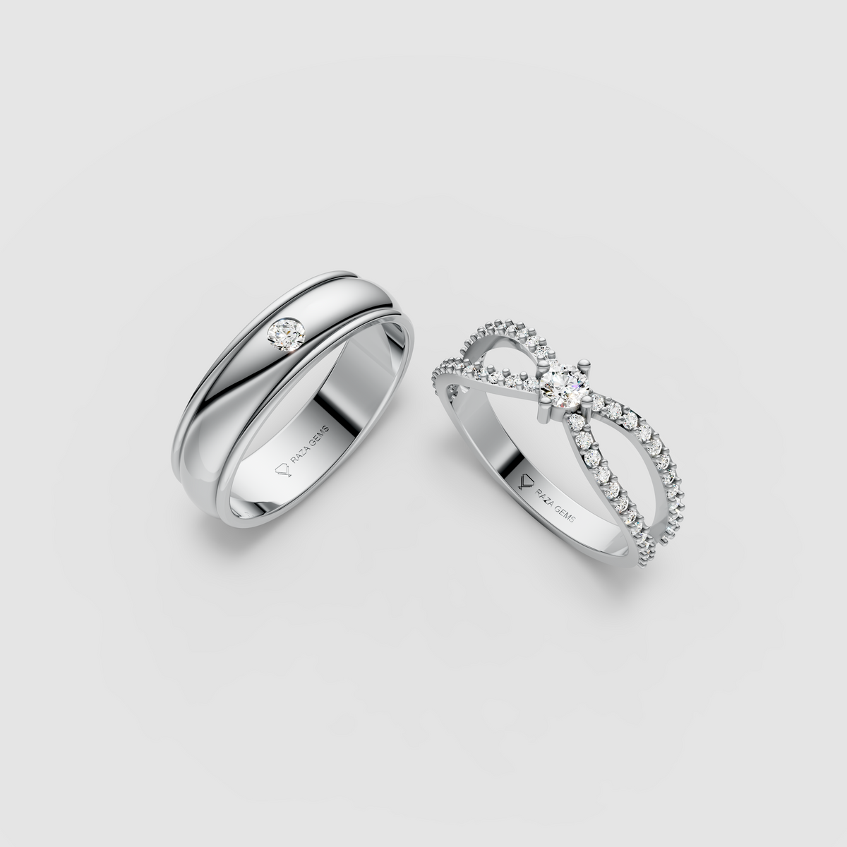 Delilah – 18K Solid Gold Moissanite Crossover Solitaire & Flush-Set Band Set